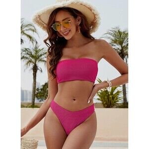Strapless Textured Bandeau Bikini 2 pcs Swimwear Cheeky Solid Lace up pink Large
